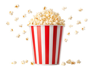Red and white striped popcorn bucket overflowing with popcorn.