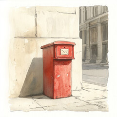 Watercolor painting of a red mailbox on a quiet city street corner, capturing nostalgic urban charm.