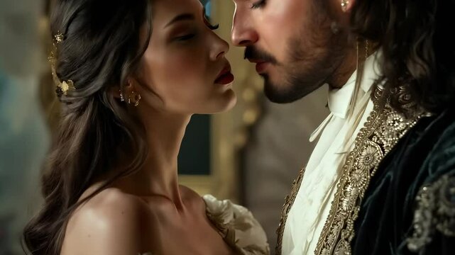 Baroque elegance: noble couple in rich costumes, displaying lavish collars, embroidered fabric, and refined detail that reflect the refined fashion of early 17th-century Europe.