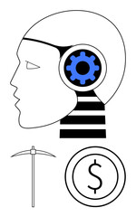 Robot head with visible cog symbol for intelligence, a pickaxe, and a dollar coin. Ideal for technology, AI, finance, mining, innovation digital economy future. Flat simple metaphor
