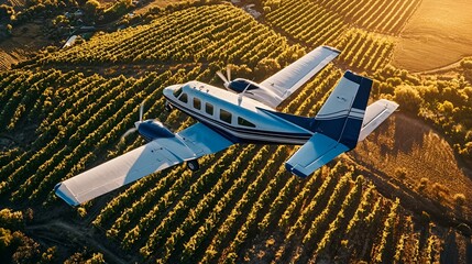 Aerial view of small plane over vineyard at sunset. Possible use Stock photo