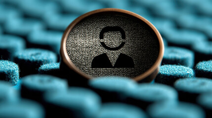 A stylized icon of a professional figure amidst abstract blue keys representing technology and networking.