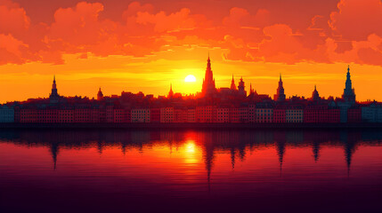 Obraz premium Cityscape at fiery sunset