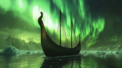 Viking Ship Under Aurora: A majestic Viking ship glides across a tranquil icy sea under the spellbinding dance of the aurora borealis, the sky ablaze with vibrant green hues.