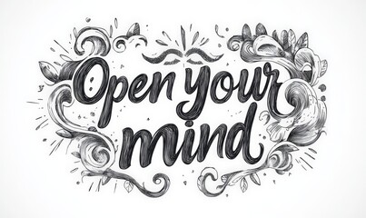 Intricate black and white illustration with 'Open Your Mind' text surrounded by florals.