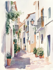 A watercolor painting depicting a charming Mediterranean village street with whitewashed buildings.