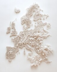 Artistic representation of a European map created from small pins on a white surface. Detailed and textured with strategic arrangement