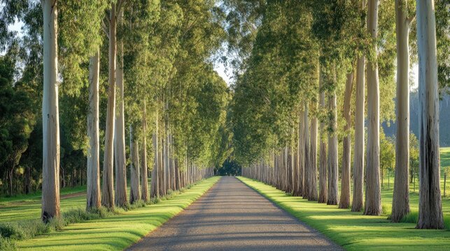 Scenic Avenue of Eucalyptus Trees Leading to a Distant Forest