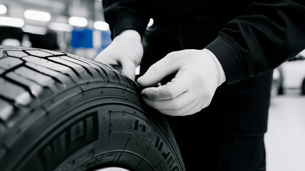 A technician carefully inspects a tire, highlighting the importance of regular maintenance. Current trends emphasize safety and performance in automobile service.