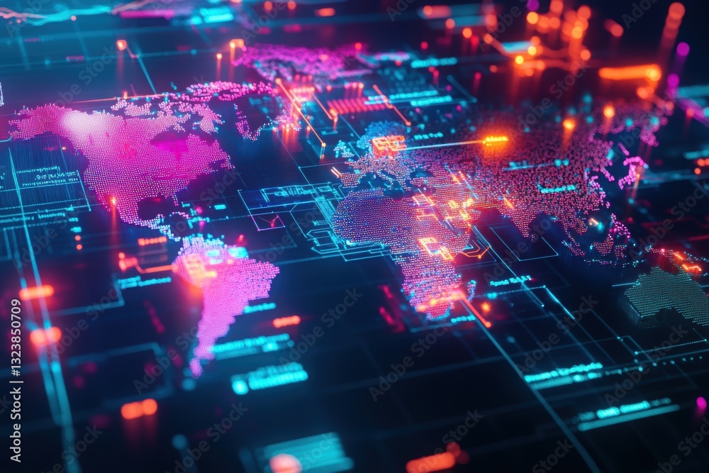 Poster global network: an abstract representation of the global network, featuring a glowing world map inte