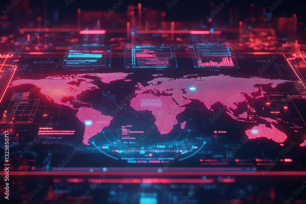 Poster global data analysis: a vibrant depiction of a digital world map, showcasing interconnected data str