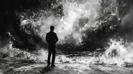 Obraz premium Man against nature a striking seascape of turbulent waves coastal environment dramatic viewpoint