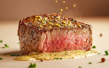 Juicy steak with a crispy crust, Dijon mustard sauce splashes, on a creamy beige-to-rich brown gradient background