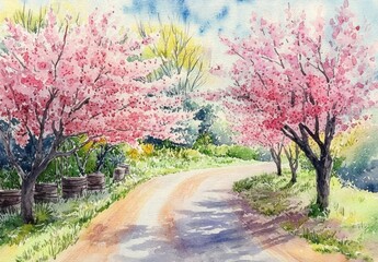 Naklejka premium Spring Blossom Road in Serene Countryside