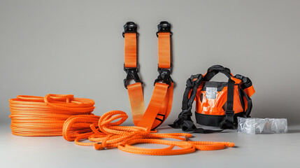 Safety harness and equipment showcased, emphasizing workplace safety and professional preparedness.
