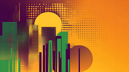 Obraz premium Vibrant abstract city skyline at sunset with colorful skyscrapers, desert landscape, cacti, and glowing sunburst in modern geometric style