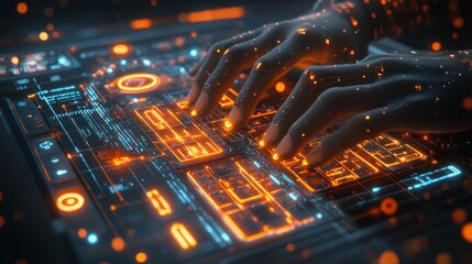 Futuristic data interaction virtual workspace digital interface technology close-up innovation