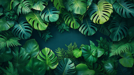 Fototapeta premium Lush Green Tropical Leaves Background – Monstera and Fern Foliage. Vibrant Jungle Leaves – Natural Greenery Wallpaper in 3D. Tropical Forest Foliage – Lush Green Plant Background. Lush Botanical