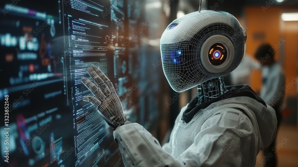 Poster exploring advanced robotics ai interaction in a high-tech environment urban setting futuristic conce