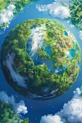 Fototapeta premium Observing Green Earth Planet in Sky with Clouds and White Birds