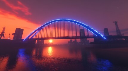 Fototapeta premium A modern blue lit bridge spans a river during sunset
