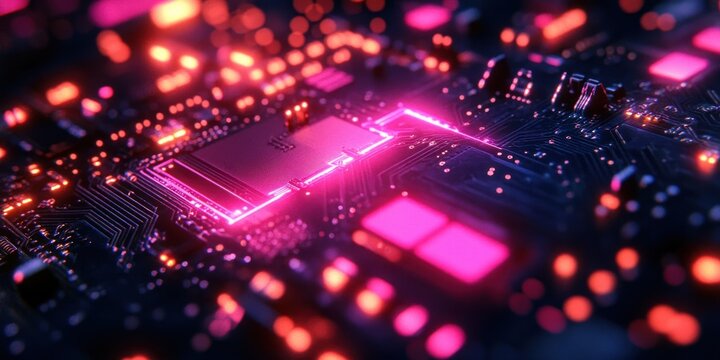 High Speed Data Transfer Circuit Board with Glowing Neon Lights for Quantum Processing and Cyber Connectivity