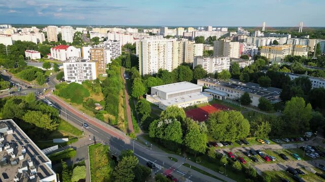 Drone aerial video of Goclaw area of Warsaw city, capital of Poland. View with primer school no 135
