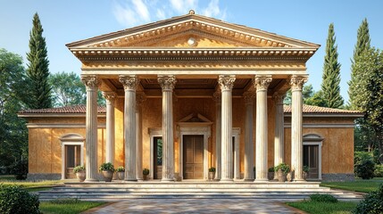 Obraz premium Neoclassical temple-style building with columns, steps, and landscaping.