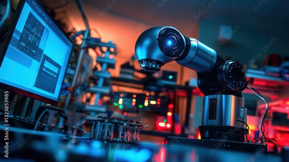 Aufkleber High-tech laboratory features advanced robotic arm with blinking lights and computer screens in a dynamic research environment