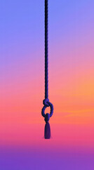 Knotted Rope Silhouette: A close-up shot captures a length of sturdy rope suspended, knotted intricately, and set against a breathtaking gradient of the sunset's hues.