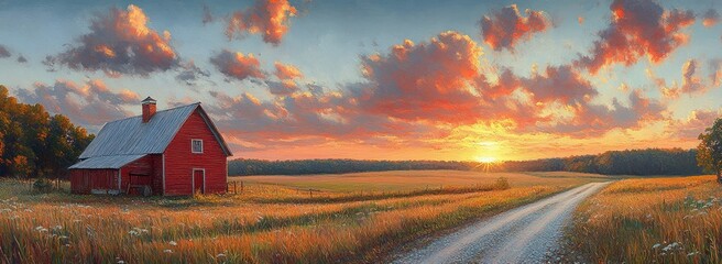 serene countryside landscape red farmhouse sunset impressionist soft lighting dramatic skies gravel road