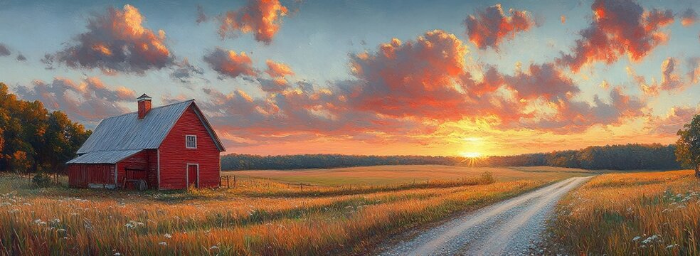 serene countryside landscape red farmhouse sunset impressionist soft lighting dramatic skies gravel road