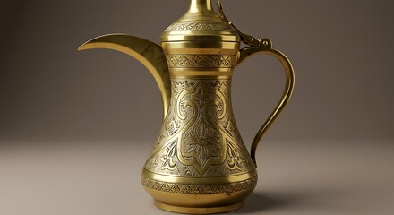 Ornate Gold Coffee Pot with Decorative Engravings on Neutral Background