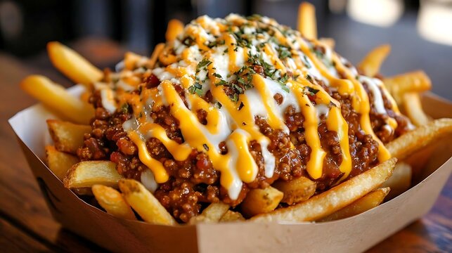 Chili Cheese Loaded Fries Golden fries smothered in spicy beef chili and melted cheddar cheese