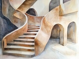 Fototapeta premium Watercolor Staircase: Captivating watercolor painting of an elegant staircase, showcasing architectural curves, shadows, and a sense of artistic depth. 