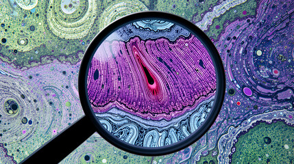 Epithelium with stomatal complex with open stoma under magnifying glass isolated on white background