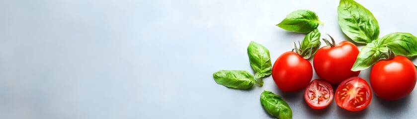 Fototapeta premium Vibrant still life ripe red tomatoes and fresh green basil on blue background
