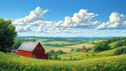 Obraz premium Idyllic rural landscape with red barns, rolling hills, and wildflowers under a bright summer sky.