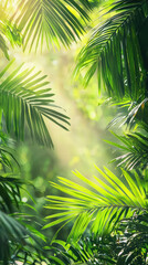 Naklejka premium Lush Jungle Foliage: Capturing the heart of a vibrant jungle, sunlight streams through verdant palm leaves and dense foliage, creating a scene of natural serenity and tropical allure.