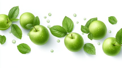 Obraz premium Closeup of fresh green apples with water droplets and leaves vibrant still life