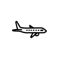 Airplane icon for travel and aviation, black and white vector illustration