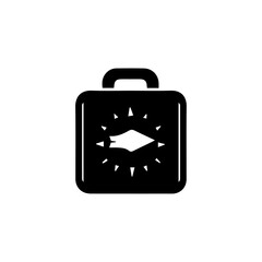 Travel suitcase icon with compass, black and white vector illustration for navigation and tourism design