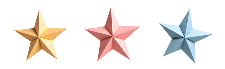 Obraz premium Three colorful, three-dimensional stars in varying shades of yellow, pink, and blue arranged in a row.