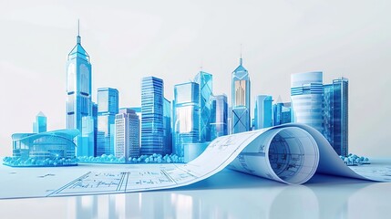 Architectural illustration featuring a blue planning blueprint drawing, showcasing detailed building design and structural layout. Concept of construction, architecture, and urban planning in a creati