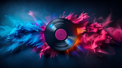 Abstract Vinyl Record Spinning with Glowing Light and Color Splash
