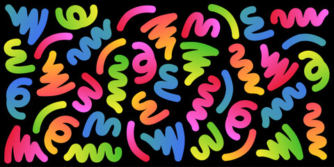 Vibrant and playful colorful doodle art bursting with creativity and imagination, perfect for backgrounds, design projects, artistic inspiration, abstract patterns on black, energetic visual elements.
