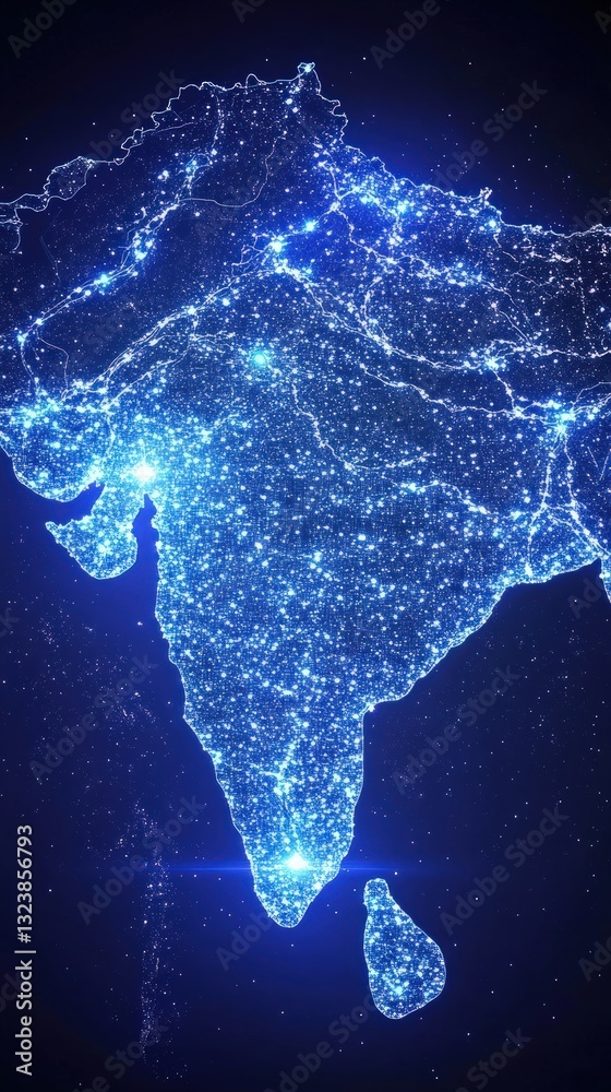 Poster glowing blue digital map of a country with connected dots and starry background symbolizing data and
