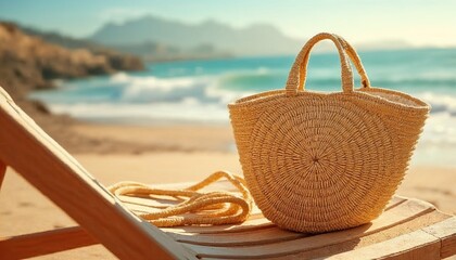Stylish straw bag resting on a wooden beach chair with ocean waves and golden sand in the background