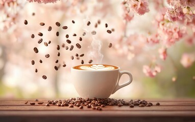 Of a Cup of steaming cappuccino mid-air, with coffee beans scattered, against a softly blurred cherry blossom background