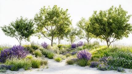Obraz premium Serene Garden Scene: Captivating landscape featuring vibrant green trees and flowering plants bathed in soft sunlight, with a pathway.